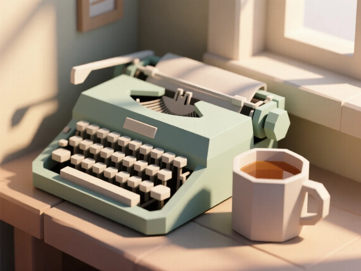 A vintage typewriter beside a cup of tea, in a cozy, sunlit corner. a shallow depth of field isolates the main object. The mood is warm and sentimental.