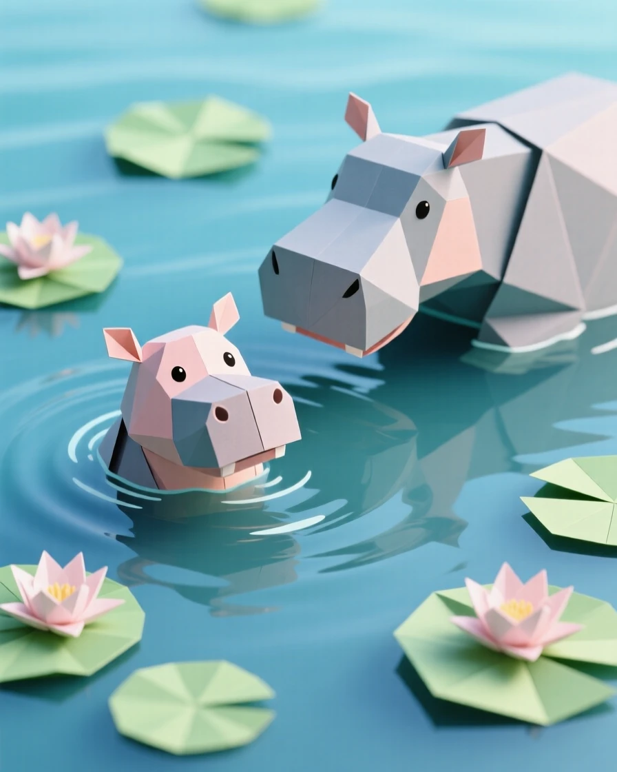 A baby hippo peeking its eyes and ears above the waterline while its mother floats nearby, lily pads scattered around them.