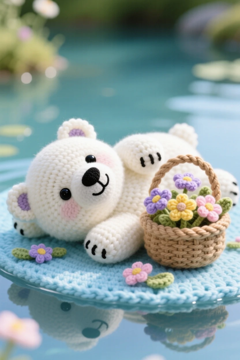 A heartwarming close-up of a baby polar bear cub, with thick white fur and round black eyes, rolling onto its back in the snow in the edge of a calm, glassy pond; a small basket of wildflowers nearby completes the scene, radiating gentle trust and quiet companionship.