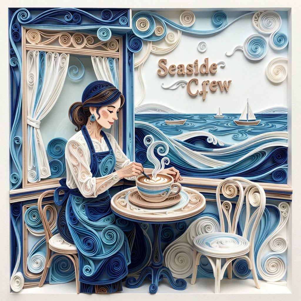 A relaxed modern lifestyle scene of a barista crafting latte art in a cozy café on a breezy seaside promenade, in bright, clean tones of blue and white, framed with a vibrant, energetic sense of movement.