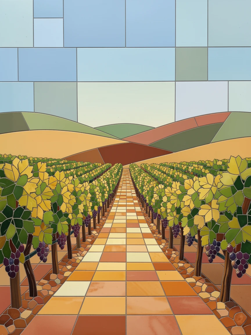 A peaceful countryside vineyard with rows of vines under warm afternoon light.