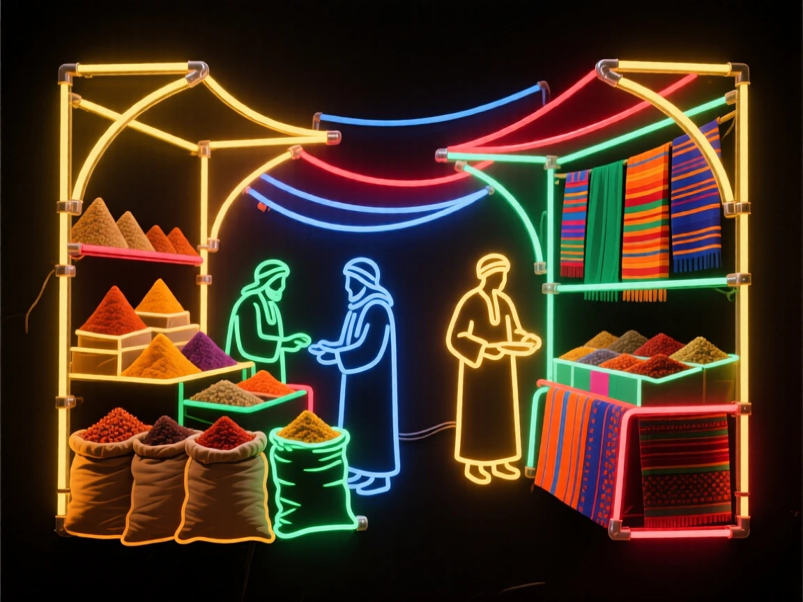 A Moroccan spice market bustling with vendors and colorful textiles.