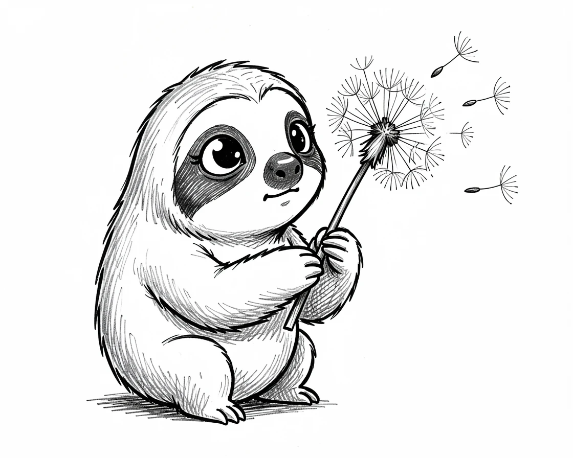 A baby sloth blowing a dandelion.