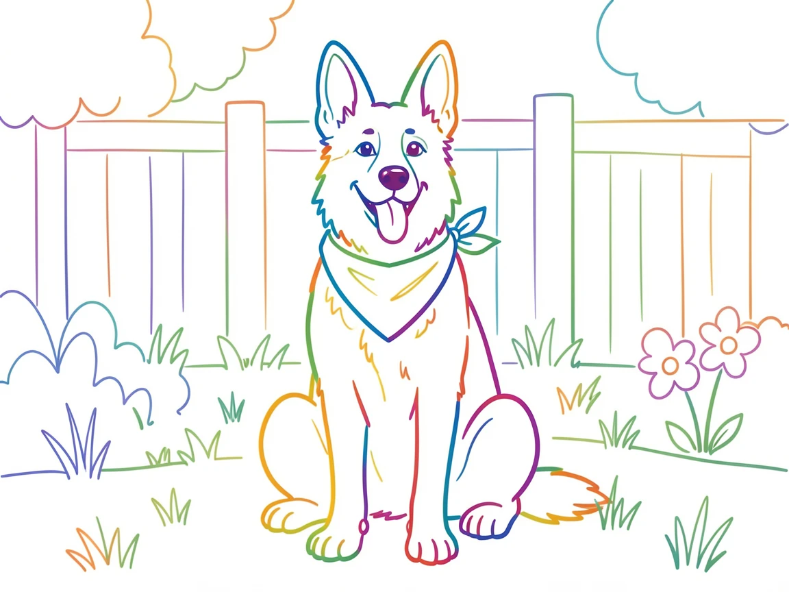 A German shepherd sitting proudly at attention wearing a bandana, tongue lolling, in a backyard setting.
