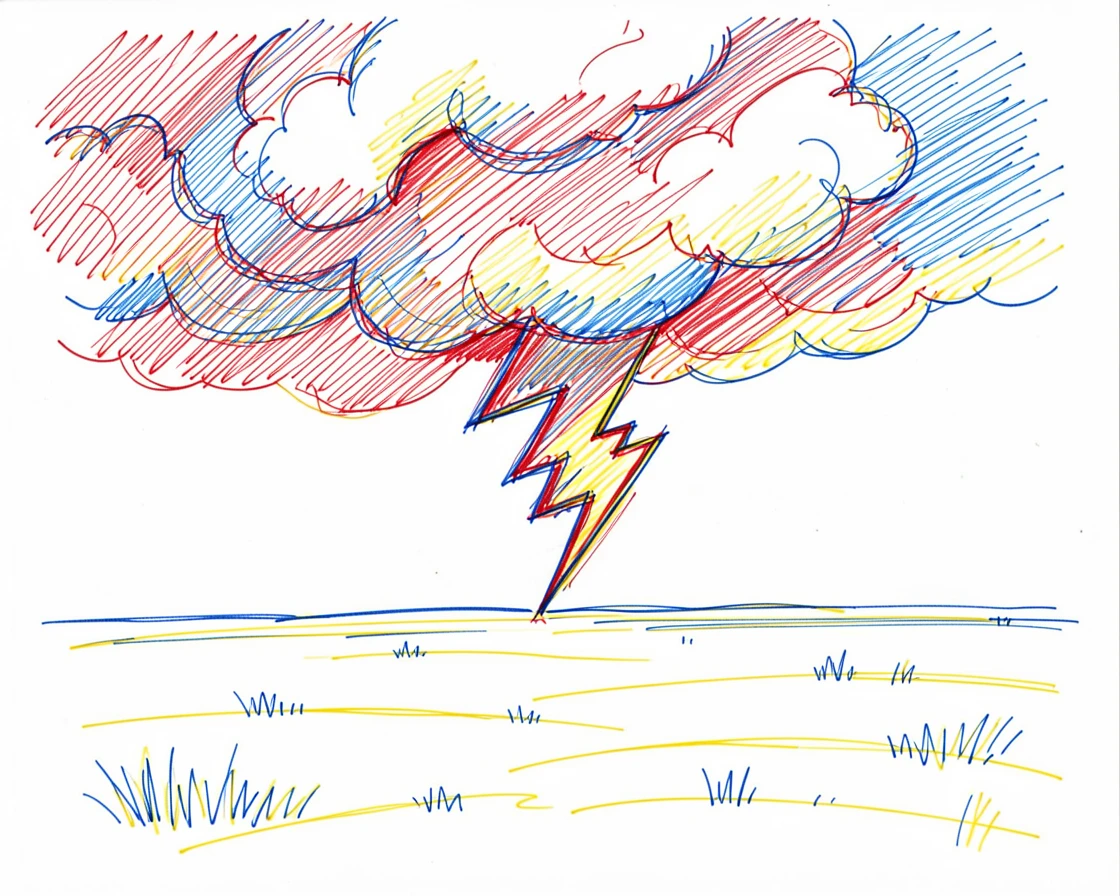 A dramatic thunderstorm rolling over open prairie, lightning forking down to the horizon