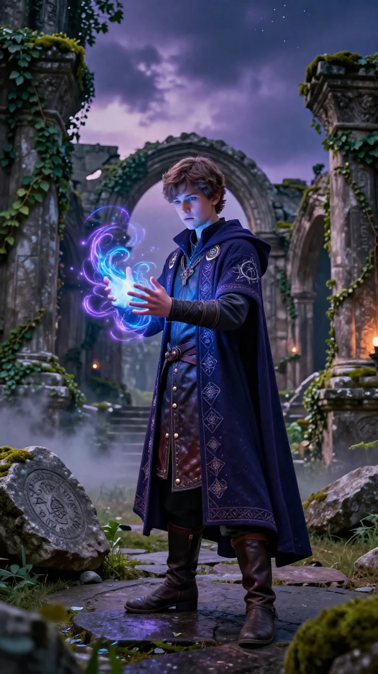 A young apprentice mage appearing within the ruins of a forgotten kingdom as magic fills the air