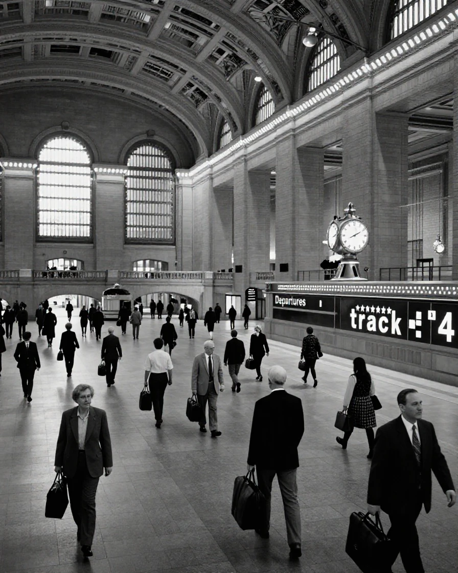 A grand train station echoes with the sound of departures along a crowded platform.