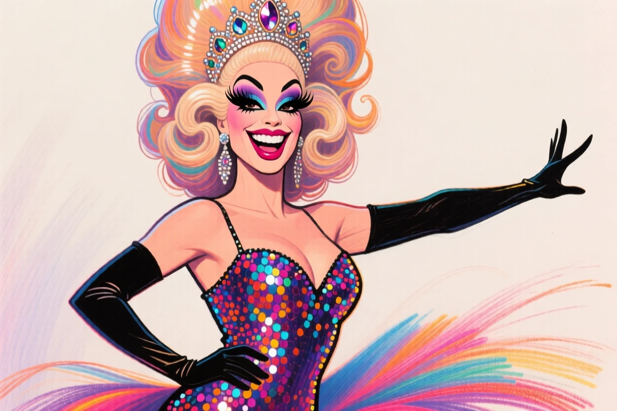A confident drag performer in a sequined gown and towering wig, striking a dramatic pose.