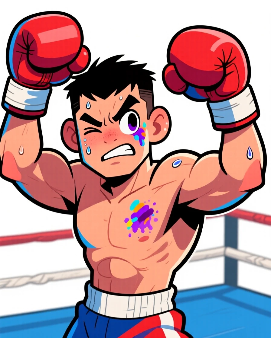 A charming portrait of a determined boxer in a stance with gloves raised, sweat glistening, a playful wink despite a bruised eye.