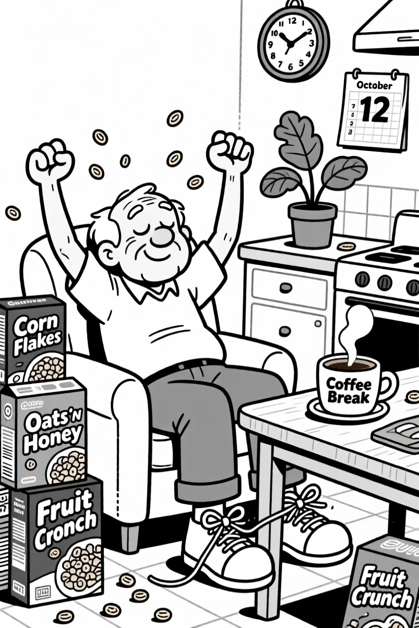 A grandfather dozing off in his favorite armchair, striking a triumphant pose after finally tying both shoes, set at a cluttered kitchen table covered in cereal boxes. A cup of coffee has gone cold on the counter. There's a tender, nostalgic sweetness to the whole scene.