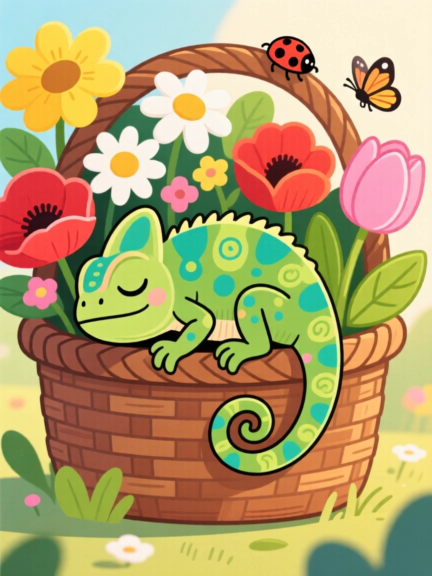 A tiny chameleon napping in a basket of flowers.