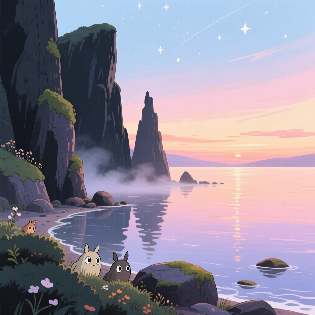 A stunning view of a tranquil bay reflecting the colors of dawn, framed by silhouetted cliffs in the foreground.