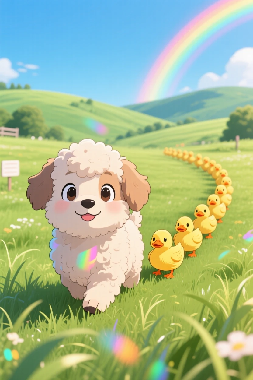 In a green countryside pasture, a fluffy sheepdog puppy is herding a line of ducklings during a light summer breeze, bathed in bright rainbow-tinted light, expression full of quiet contentment. Shot as a symmetrical front-on view.