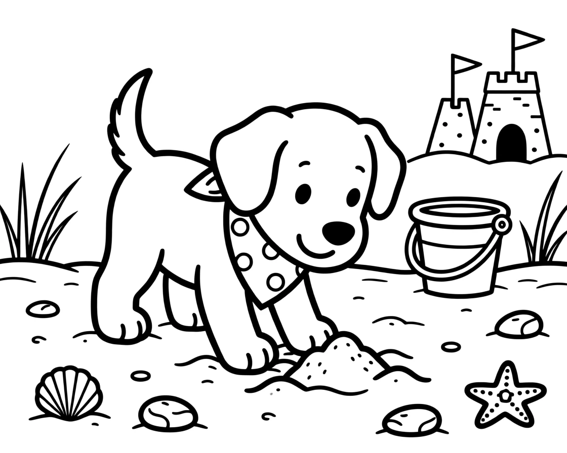 A puppy wearing a bandana digging in a sandy beach