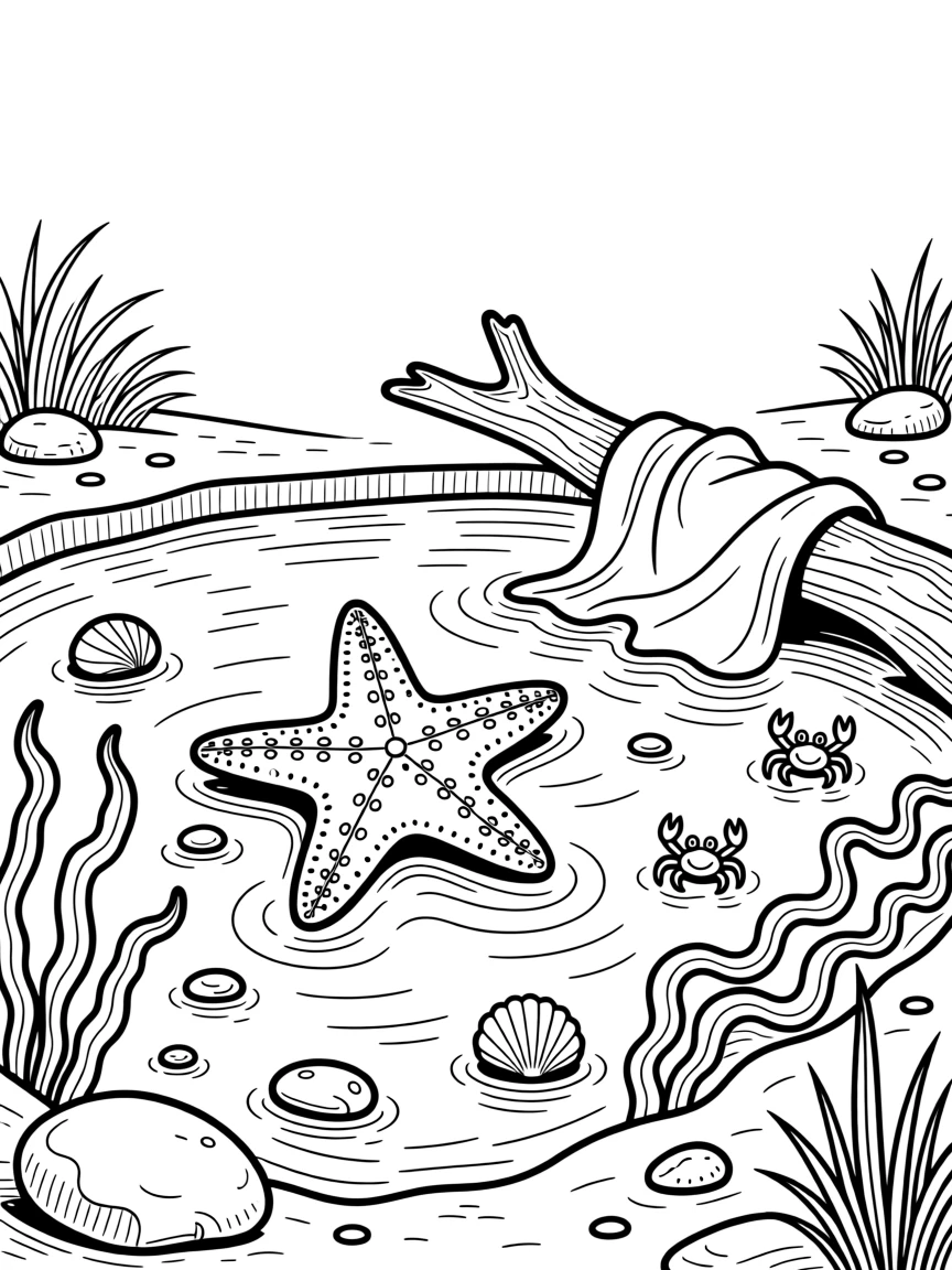 A starfish resting in a tide pool at low tide, with a light breeze catching loose fabric nearby.