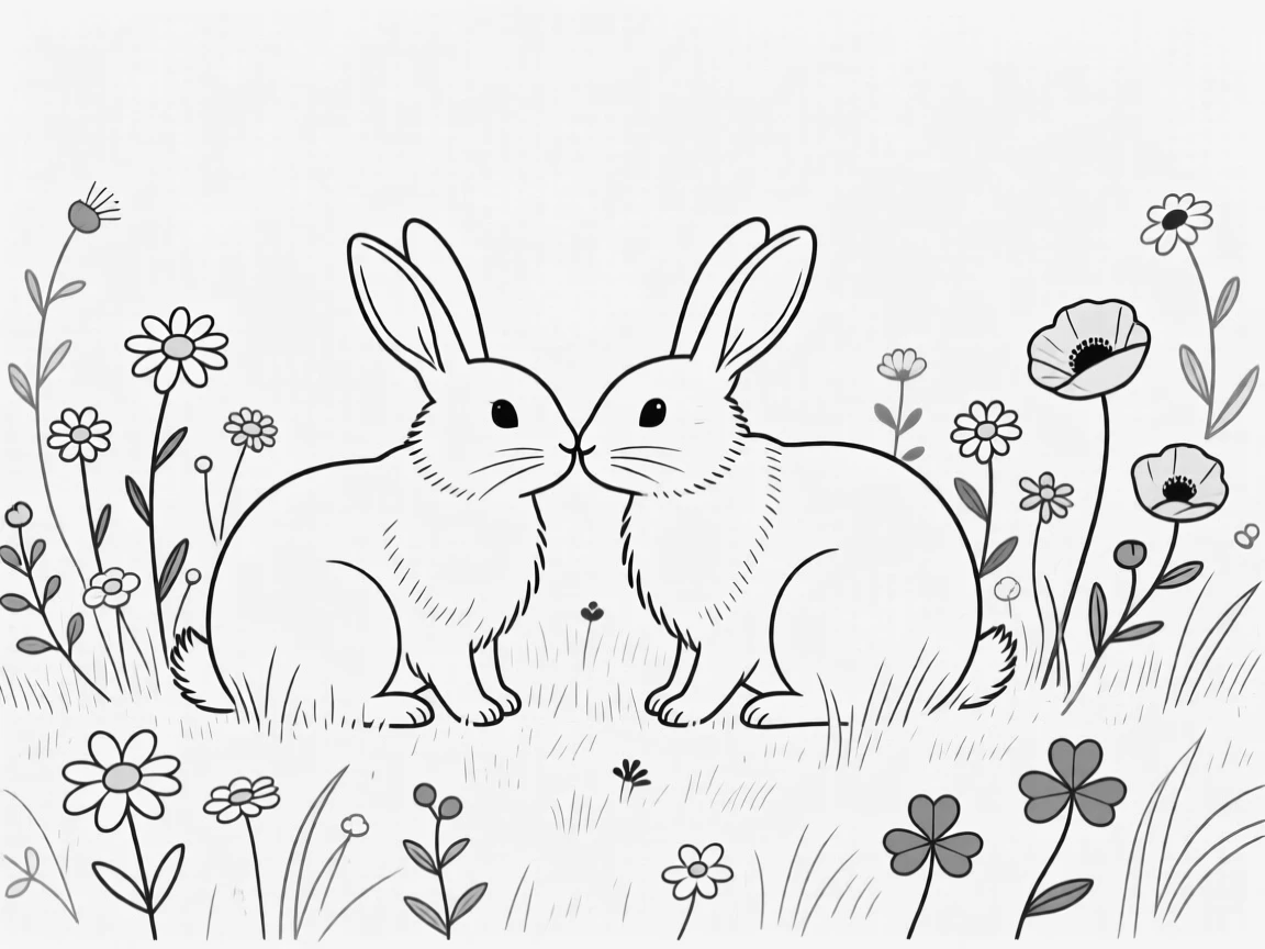 A pair of rabbits nose to nose in a flower-filled meadow