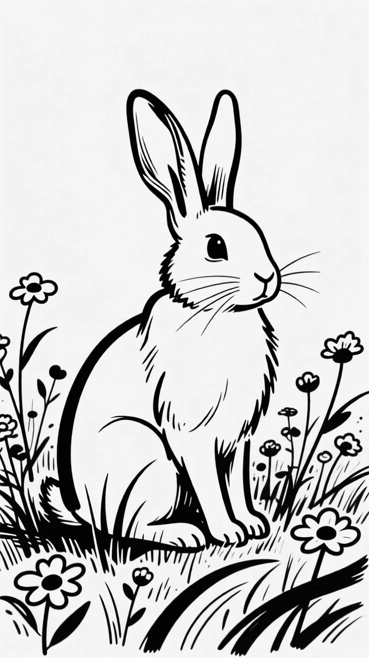 A rabbit sitting in a meadow full of wildflowers, ears perked up.