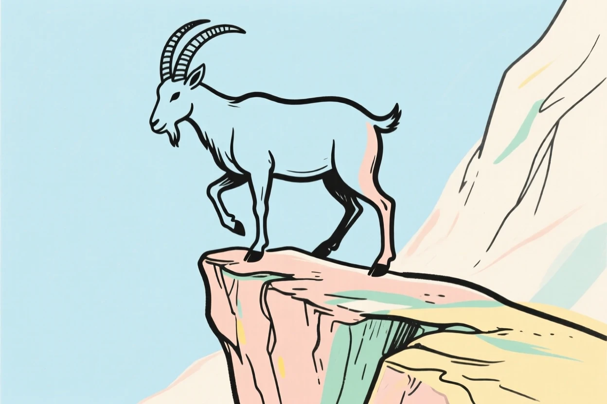 A mountain goat balancing on a narrow rocky cliff ledge.