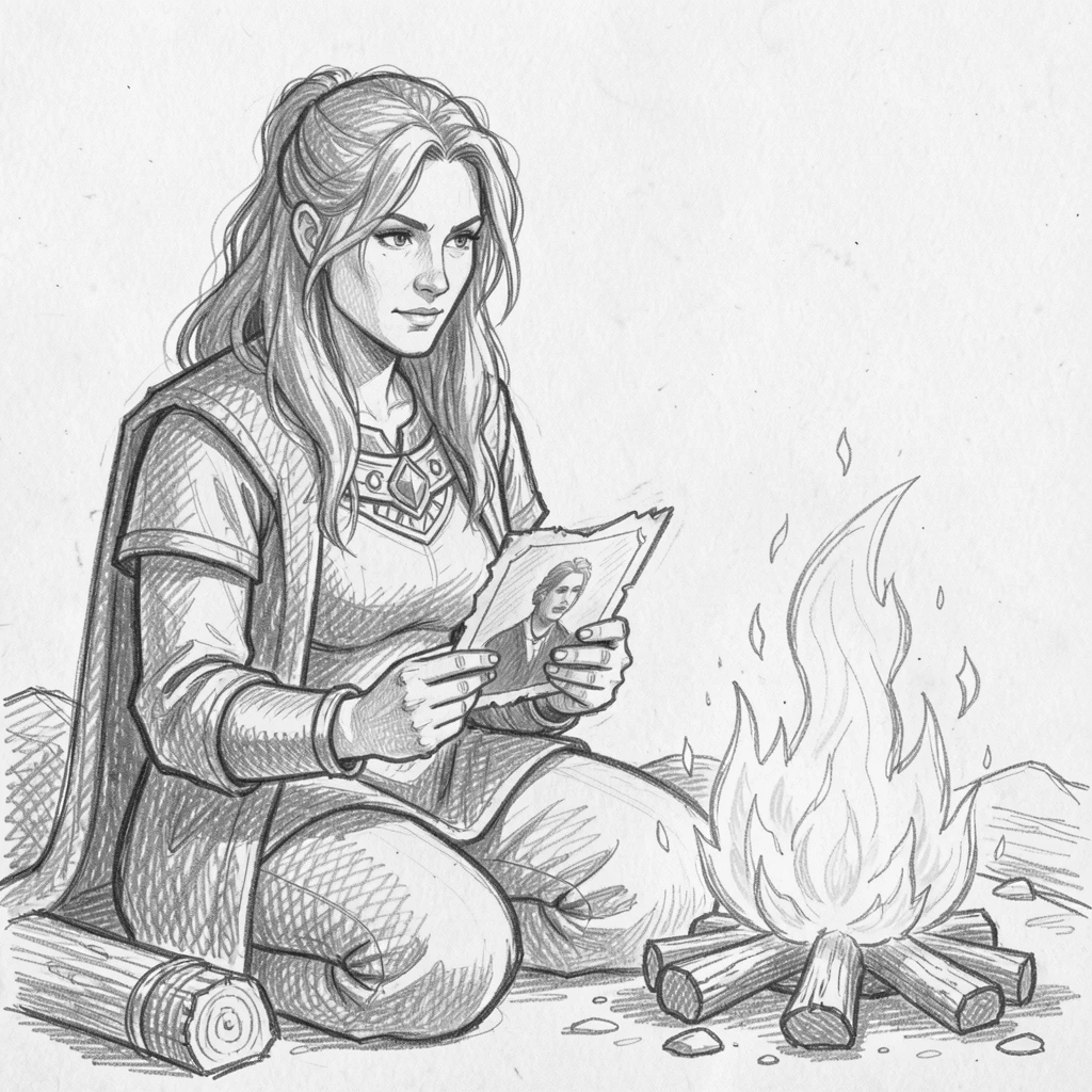 A tender portrait of a fierce warrior queen, clutching an old photograph, beside a crackling campfire.