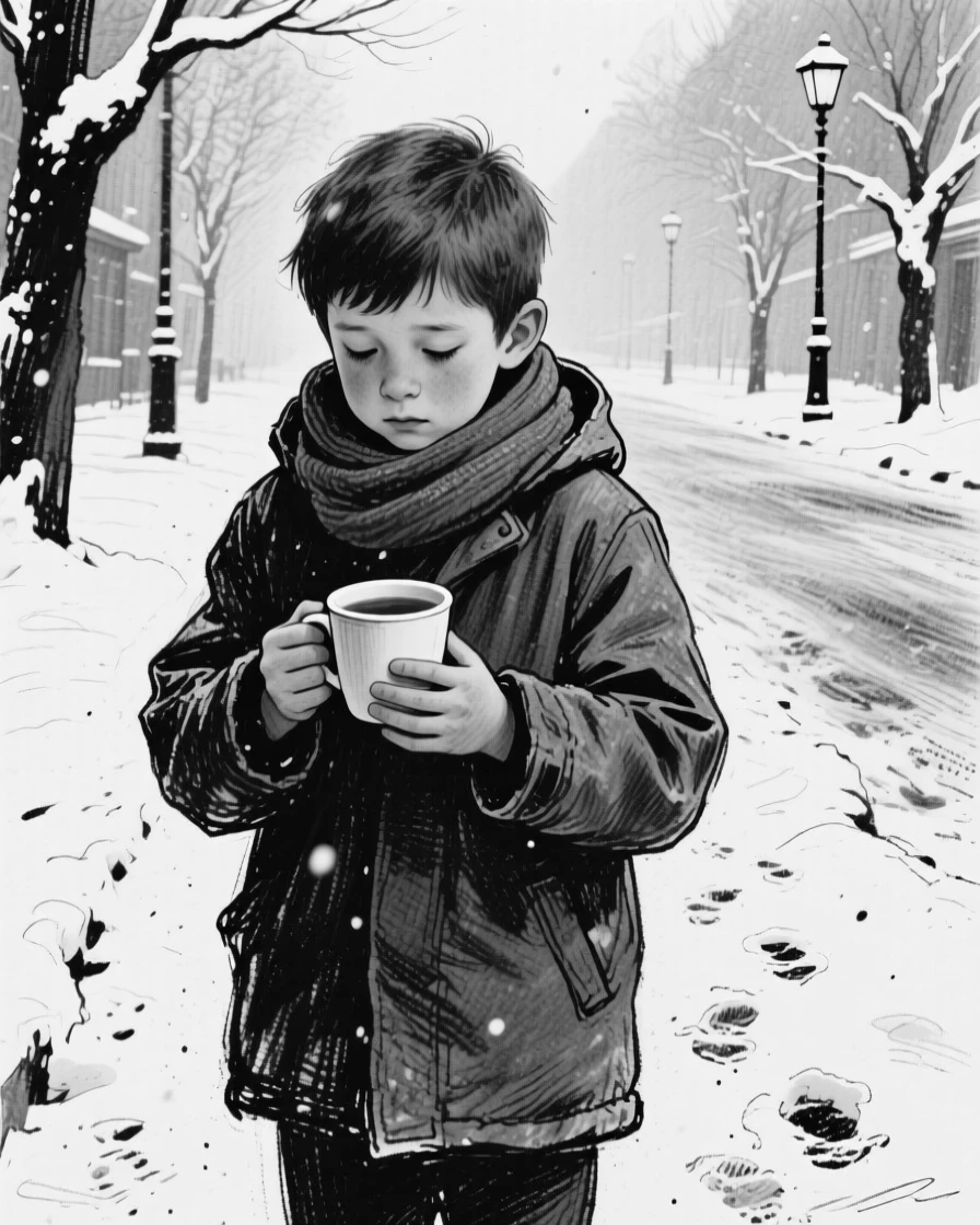 A young boy holding a cup of tea with both hands, lost in memory, on a snowy street.