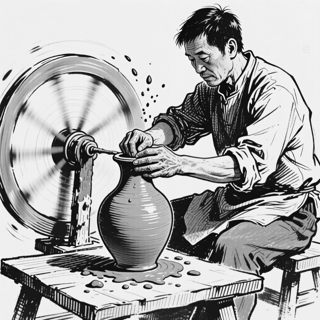 A potter shaping wet clay on a spinning wheel, hands guiding the emerging vessel.