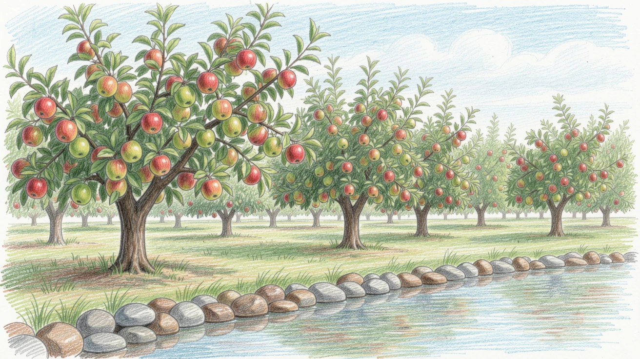 A quiet orchard heavy with ripening apples under a soft blue sky, bordered by smooth river stones and quiet still water, designed to feel like a peaceful escape from everyday life.