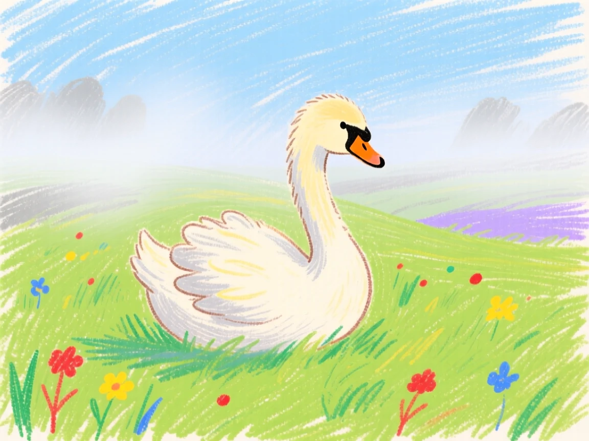 A swan cygnet crossing a quiet meadow blanketed in morning fog.