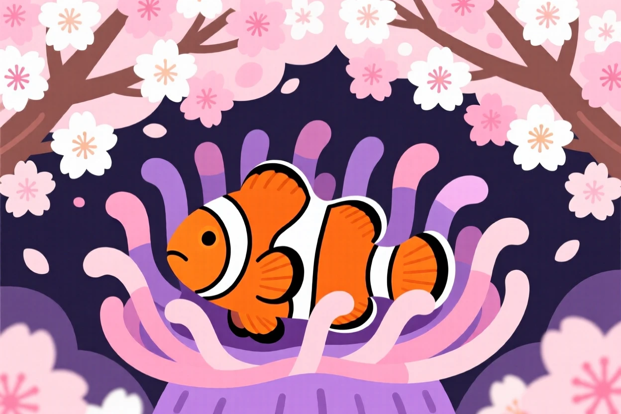A bright orange clownfish nestled inside a sea anemone, set beneath a canopy of cherry blossom trees, grouped together in a playful cluster composition, with a sense of playful curiosity captured perfectly.