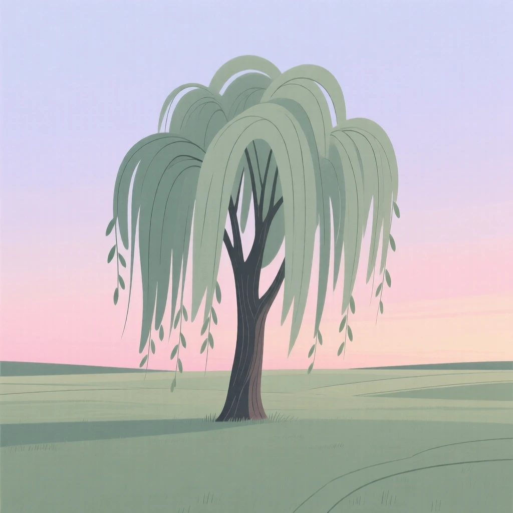 A towering weeping willow standing alone in an open field under a pastel sunset sky.