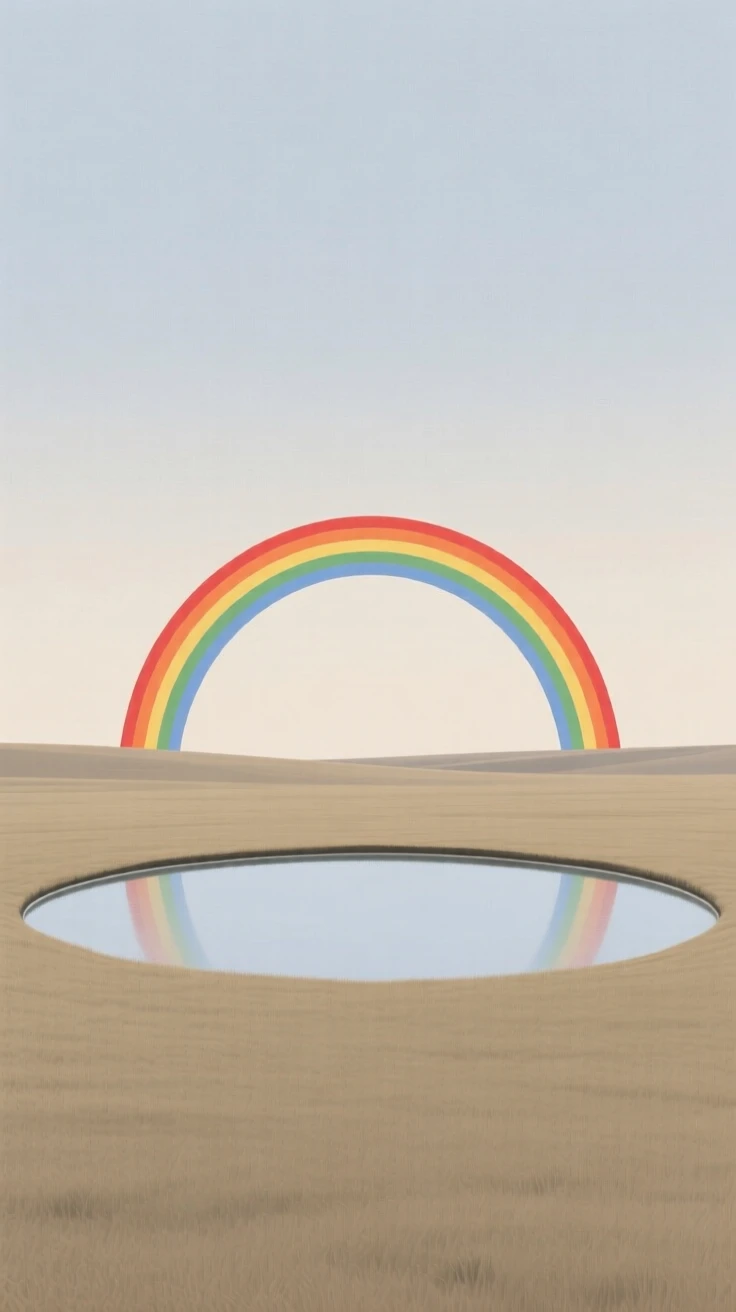 A hidden lagoon, standing at the edge of an open prairie under a wide sky, with a rainbow arching overhead nearby, evokes quiet solitude.