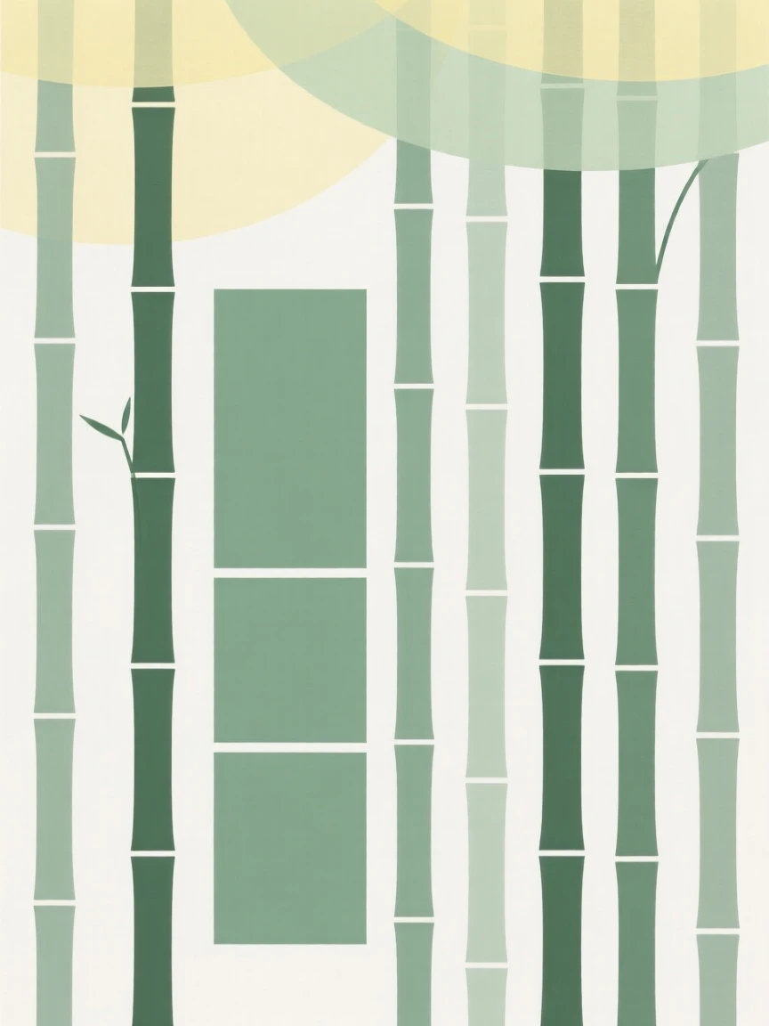 A tranquil bamboo grove with soft light filtering through