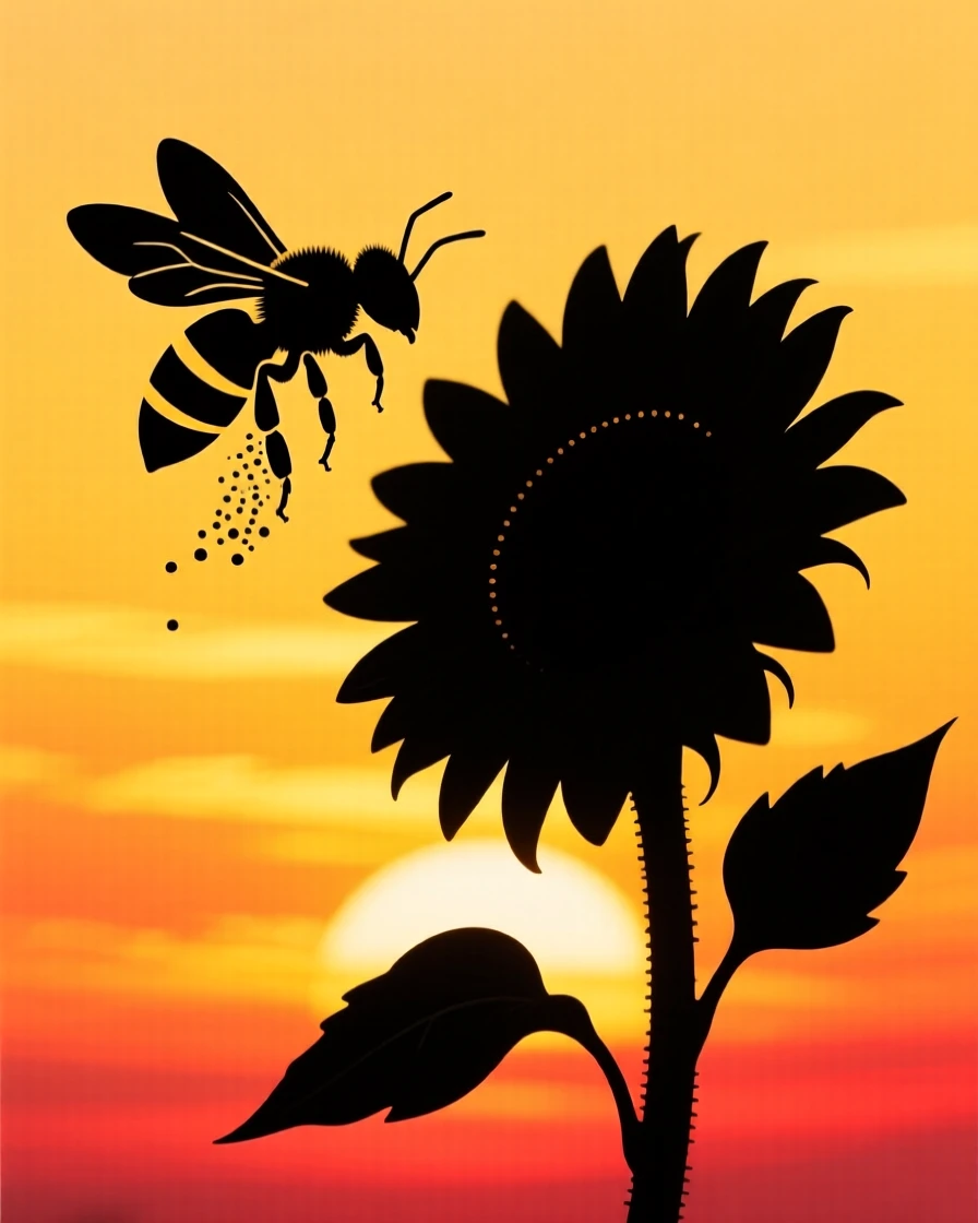 A honeybee hovering beside a sunflower, legs dusted with pollen.