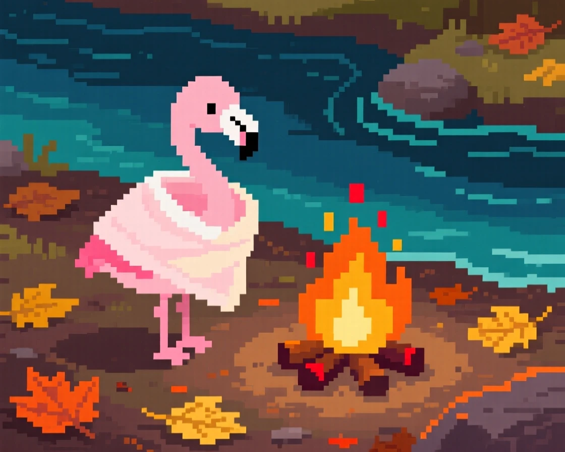 A baby flamingo learning to stand wrapped in a blanket by a campfire, on a riverbank scattered with fallen leaves.