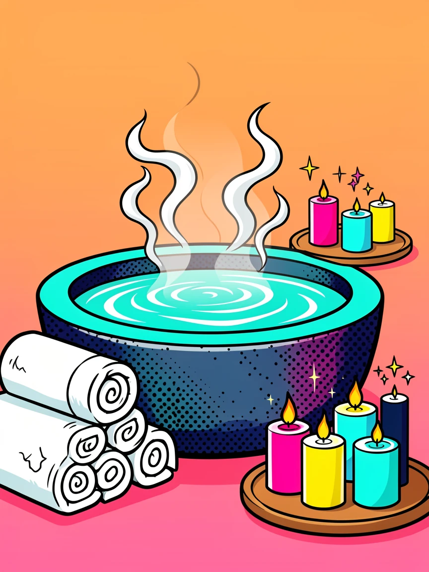 A spa scene with candles and rolled towels beside a stone bath