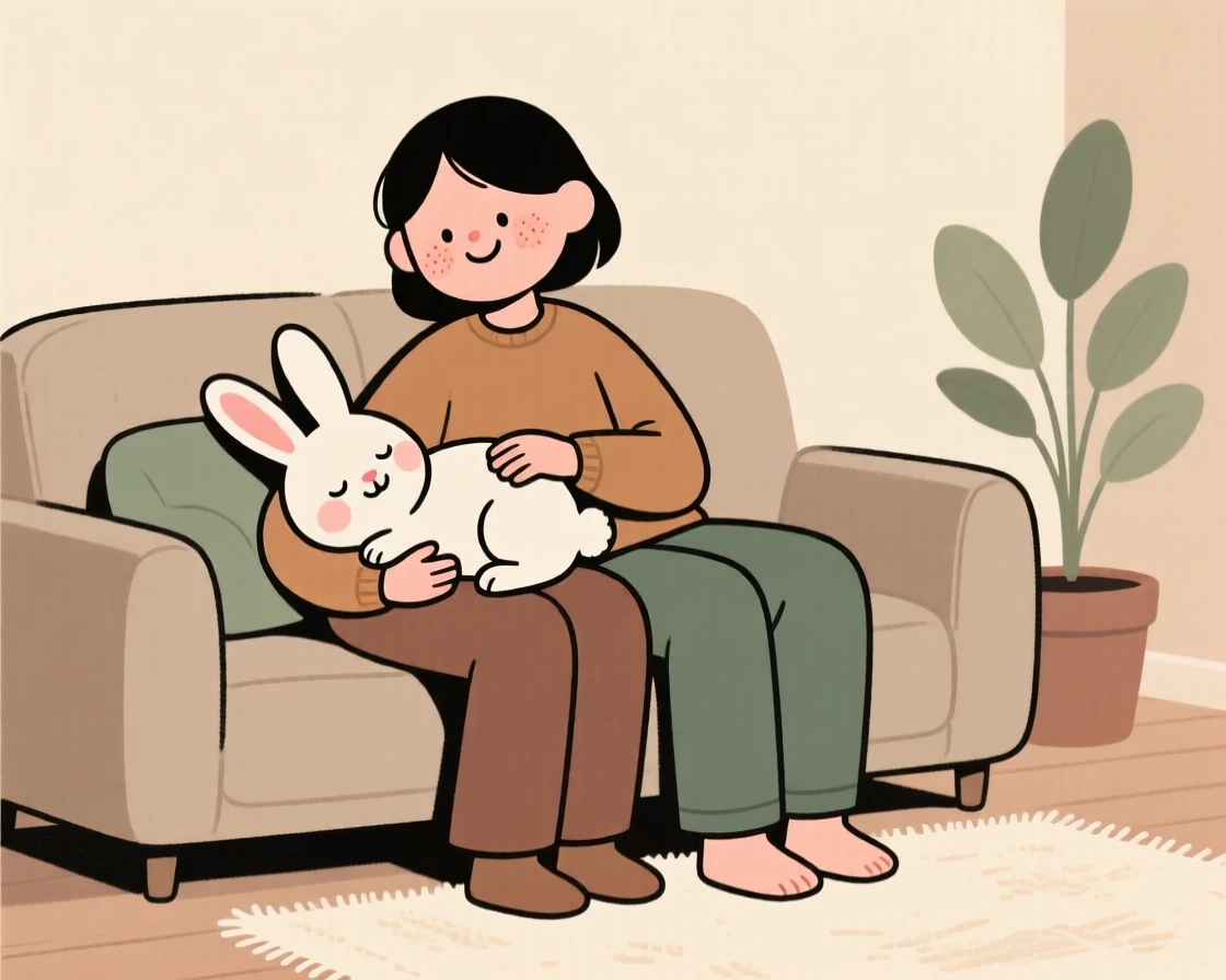 A gentle rabbit rests its head on its owner's lap during a quiet Sunday afternoon on the couch, both perfectly content.