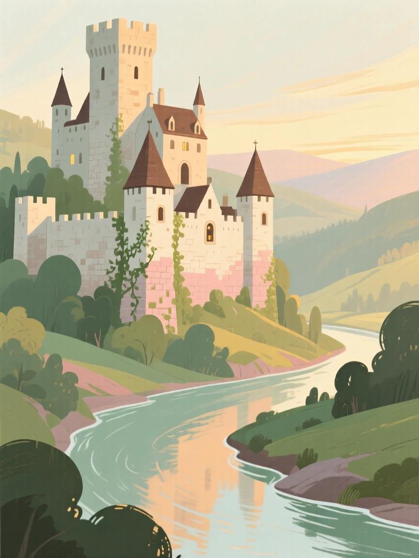 A medieval fortress rising above a winding river valley
