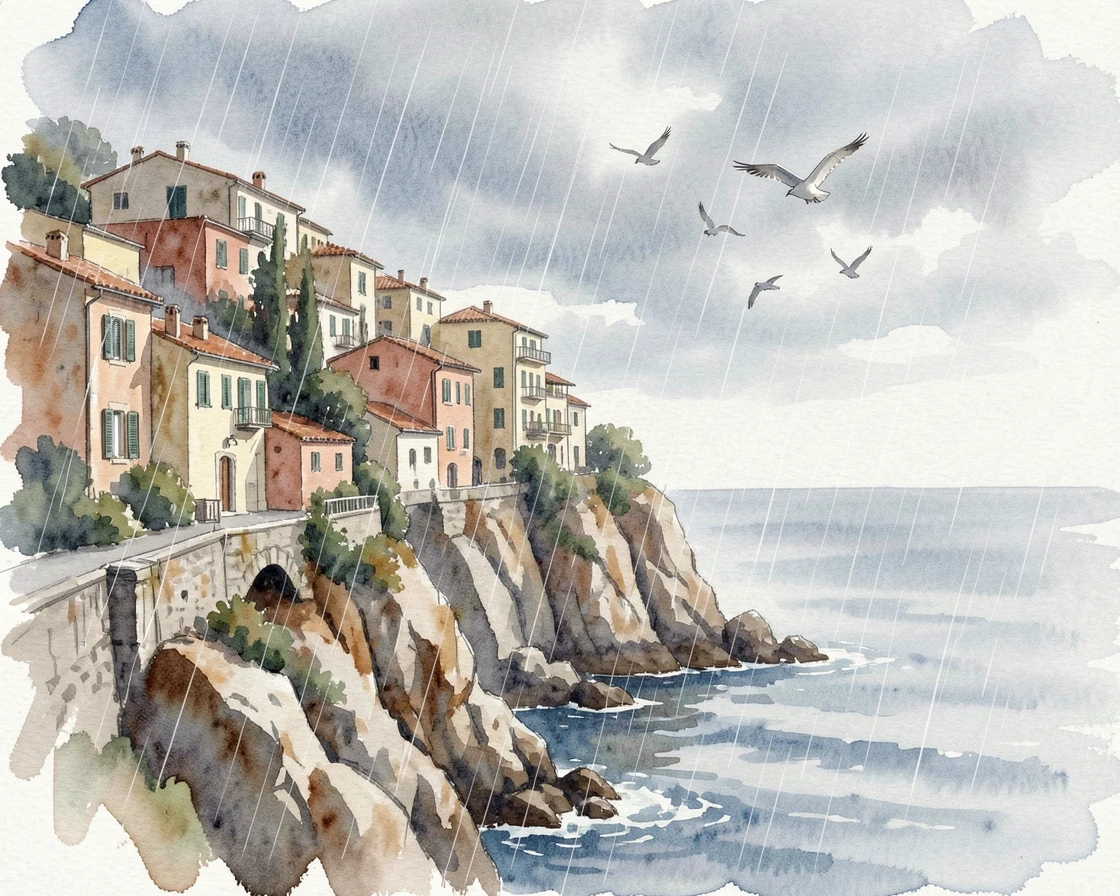 A cliffside town overlooking the Mediterranean in gentle rain with birds circling overhead.