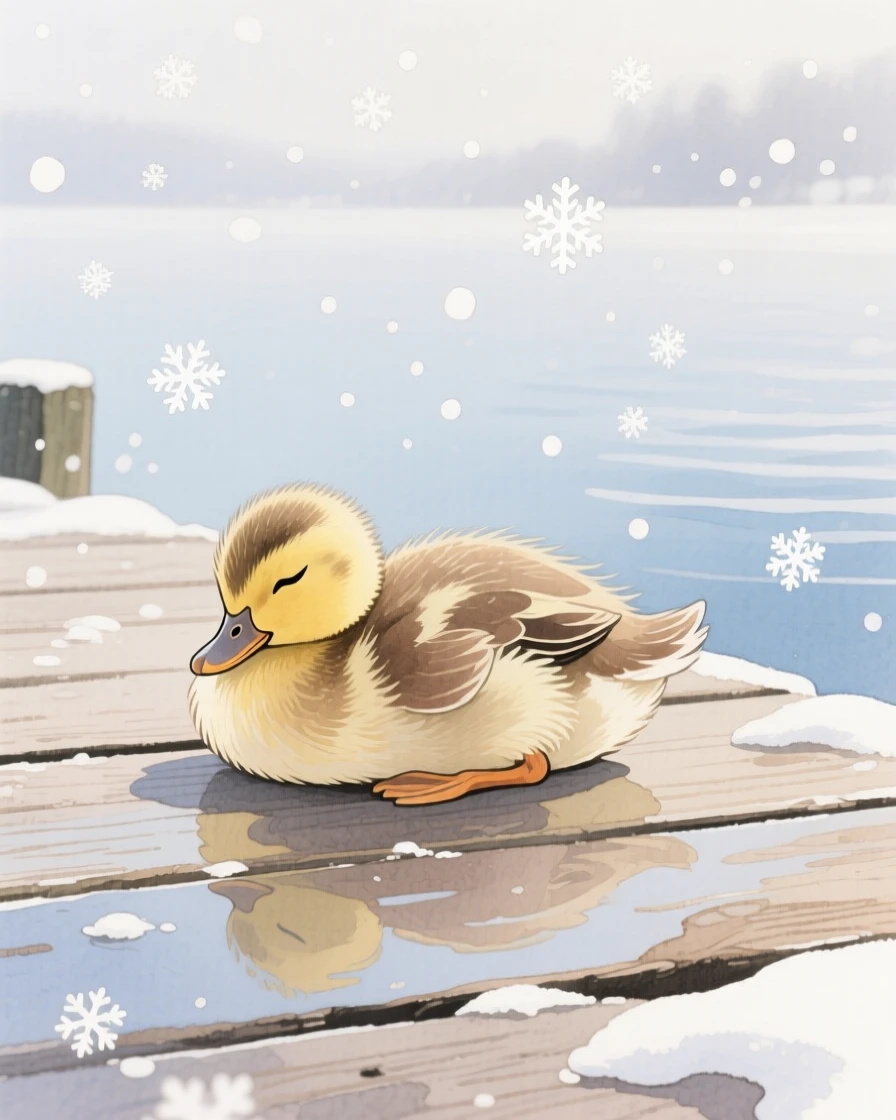 A baby duckling naps curled up in a quiet lakeside dock, with snowflakes drifting softly down