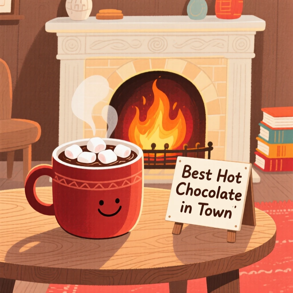 A cozy scene featuring a hot chocolate topped with marshmallows by a fireplace.