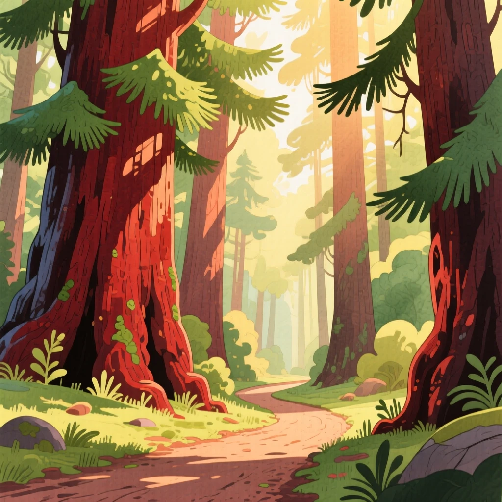 A redwood forest with sunlight beaming through the canopy, with a winding dirt path disappearing into the distance, filled with quiet majesty and stillness.