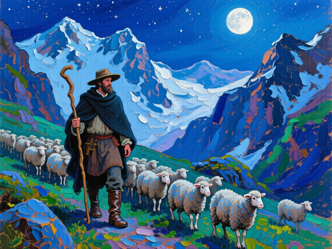 a shepherd leading sheep through a high mountain pass, beneath a moonlit sky, with a balanced, spacious view of the surroundings.