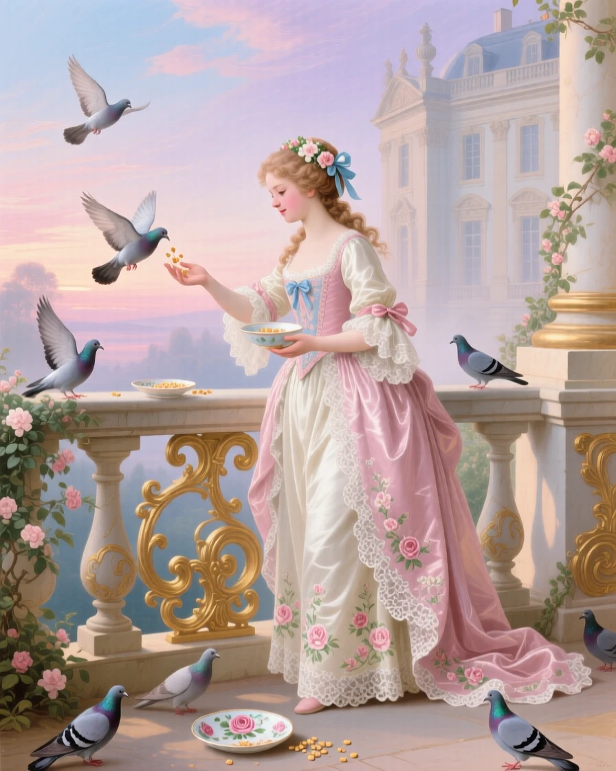 A girl feeding crumbs to doves from a palace balcony at dawn  