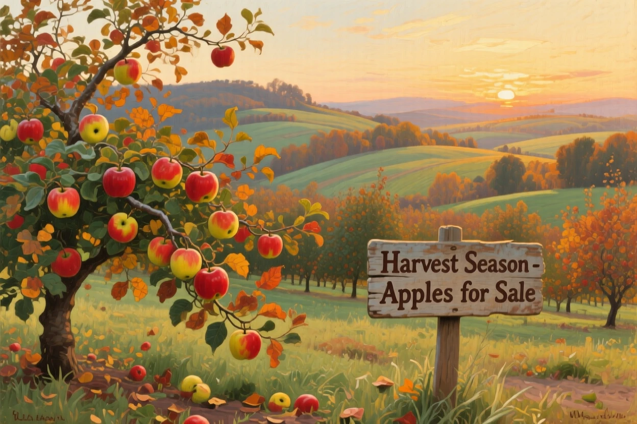 An apple orchard heavy with ripe fruit under warm autumn light, with the last rays of sunset catching every ridge and peak, evoking a profound sense of scale, silence, and wonder