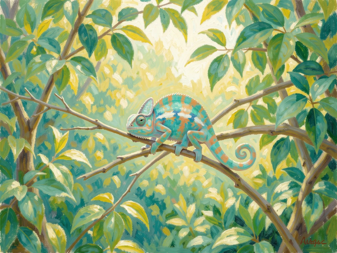 A colorful chameleon resting on a branch, camouflaged among the leaves of a lush garden.