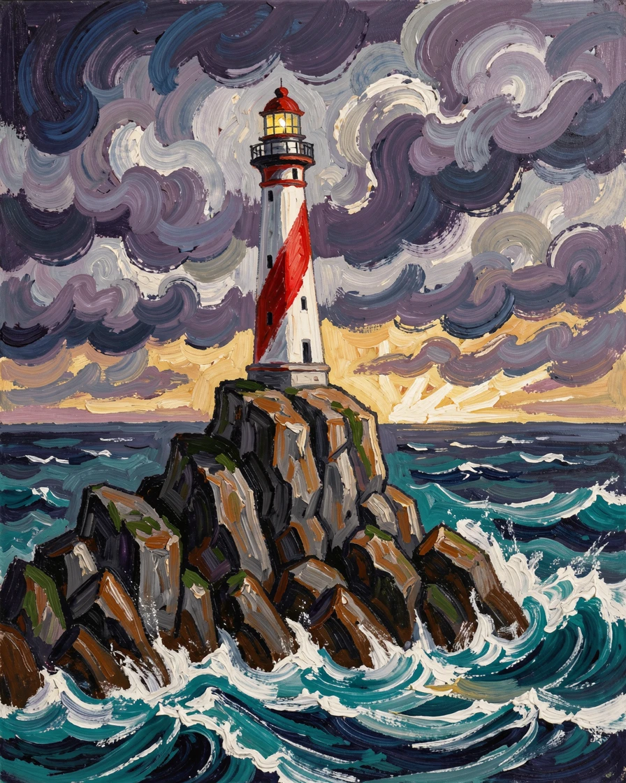 A lighthouse standing alone on a rocky point as waves crash below during an approaching storm.
