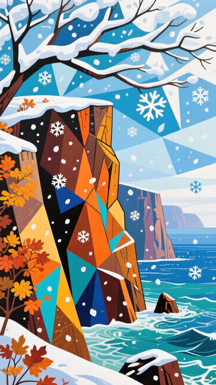A panoramic view showing a dramatic sea cliff beneath a canopy of drifting snow, during vibrant autumn.