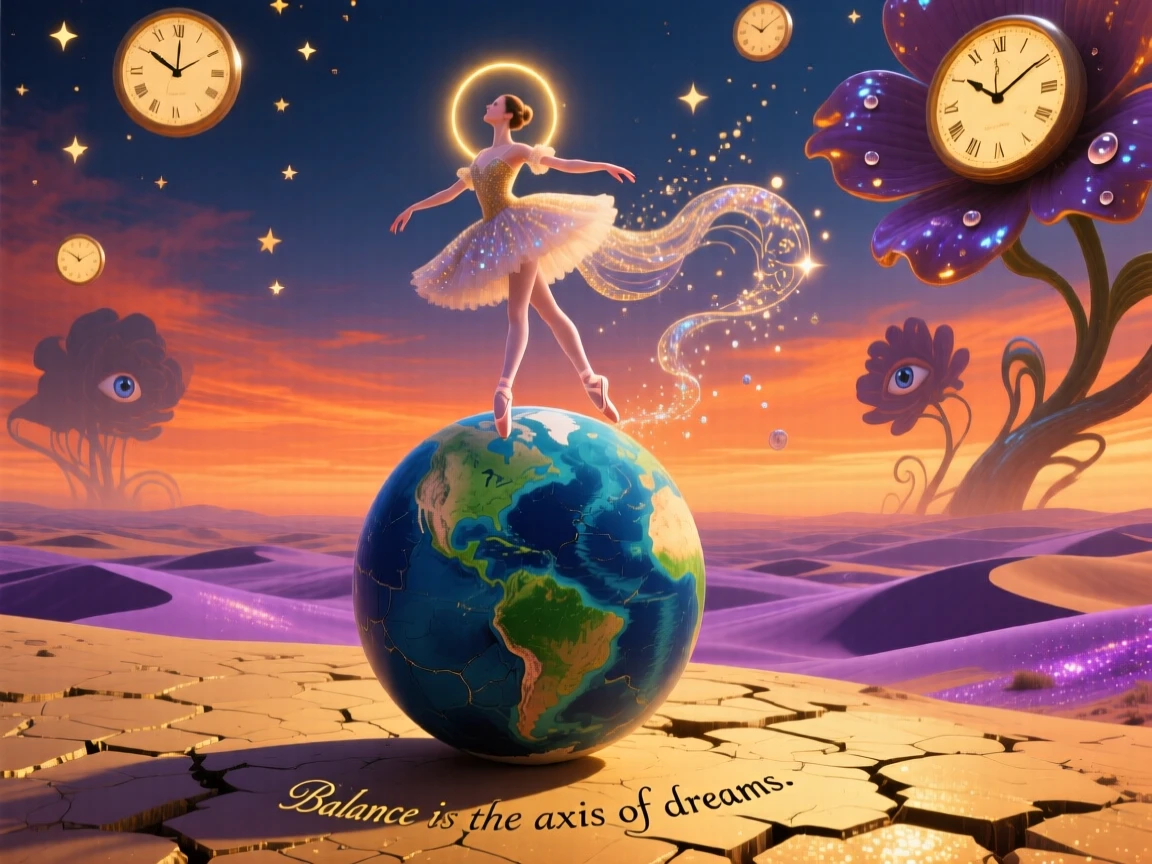 A ballerina balanced weightlessly atop a slowly spinning globe stands quietly beneath a wide and endless sky, while soft light gathers warmly around their figure.