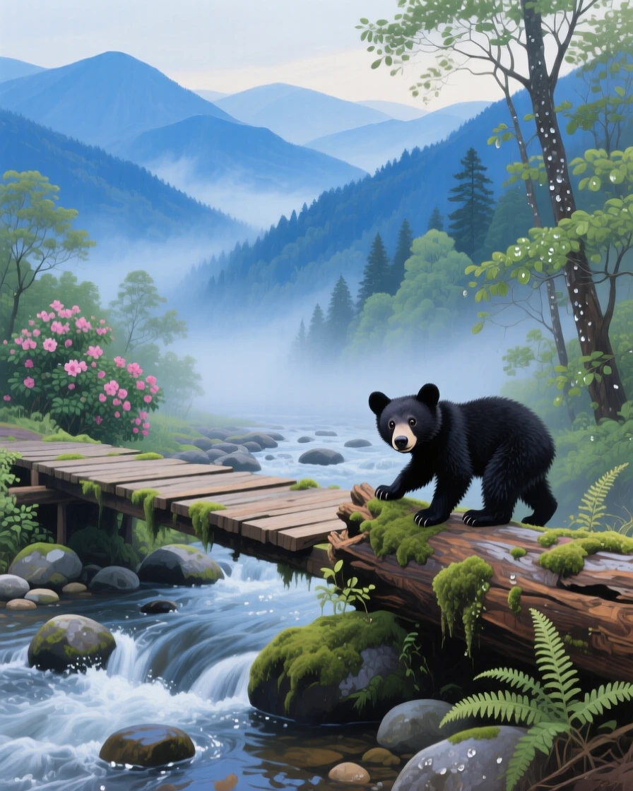 A misty morning in the Great Smoky Mountains shows layered blue ridgelines fading into fog, a wooden footbridge crossing a rushing creek, and a black bear cub climbing a fallen log nearby.