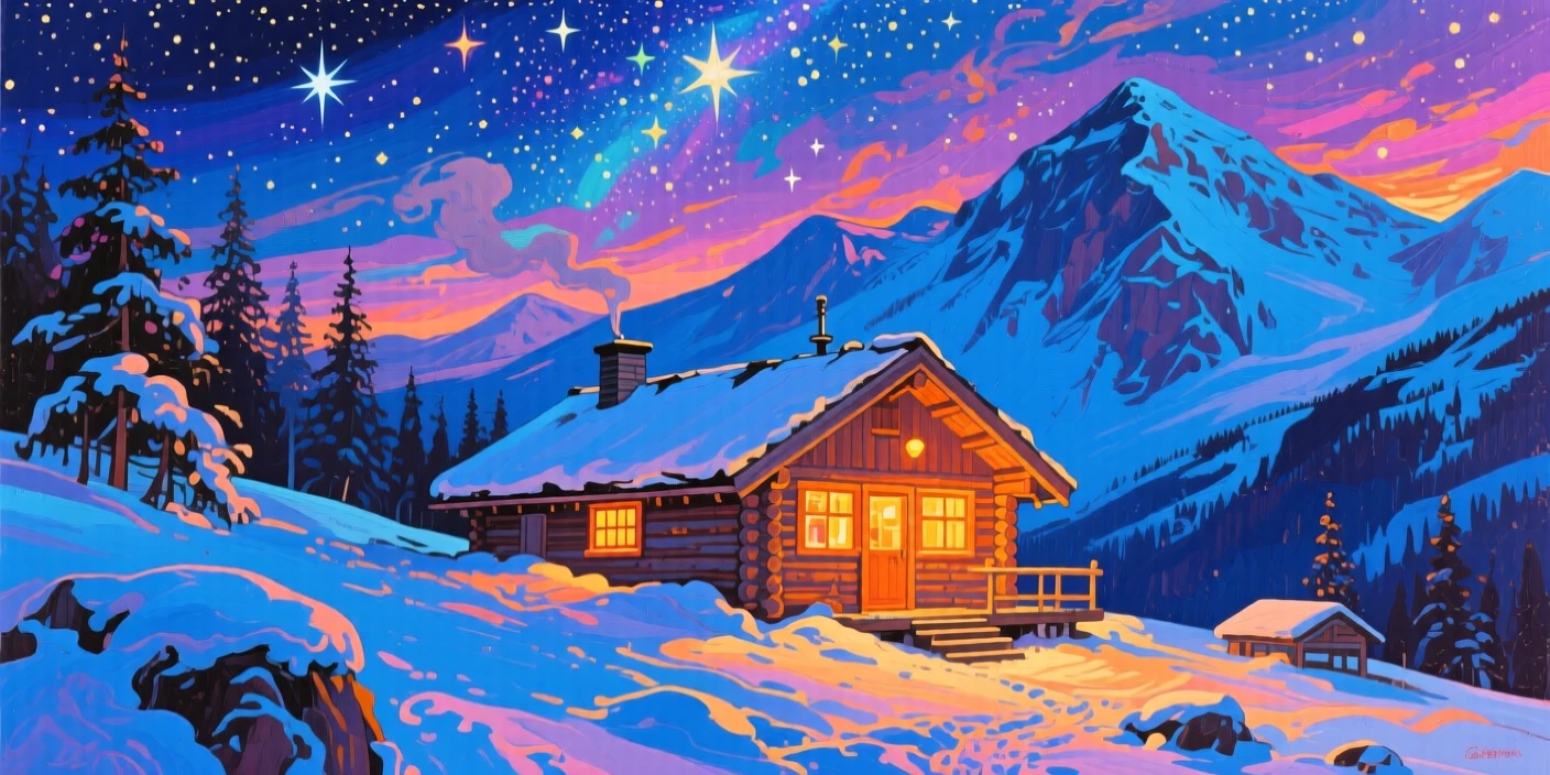A remote mountain hut glowing with warm light, surrounded by deep snow under a sky full of stars