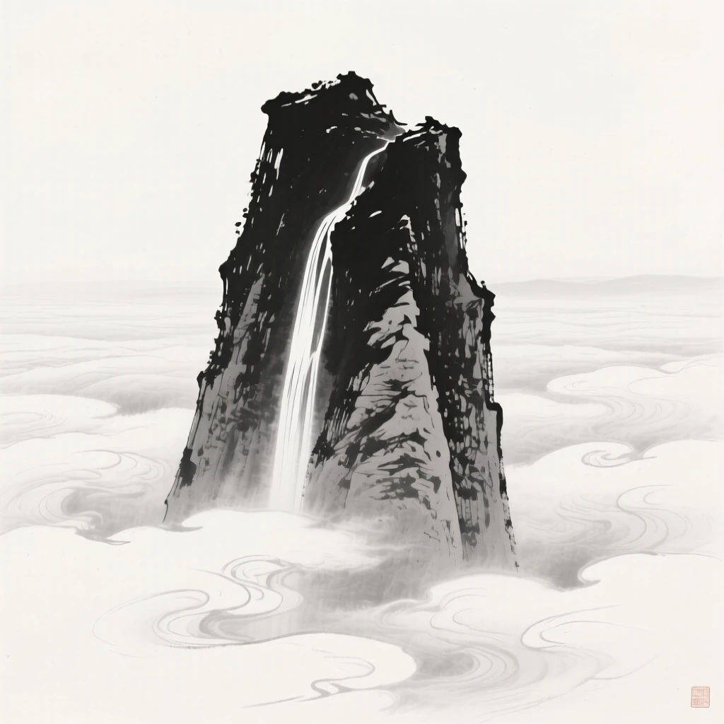 a jagged limestone peak, rising above a sea of clouds, with a waterfall cascading down its face.
